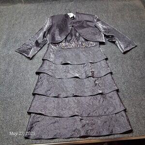 R&M Richards Dress Formal Sz 8 Sillver Gray Sheet Ruffle With Open Jacket Top